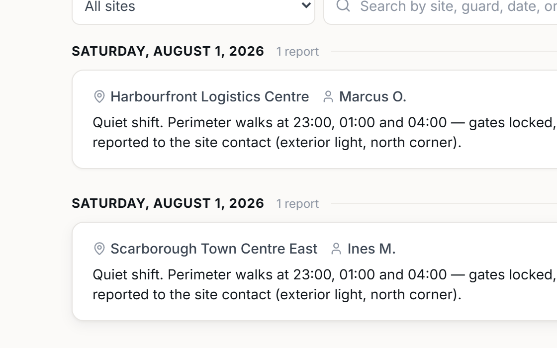 Shift reports list in the client portal, each entry dated with the site and a summary of the shift
