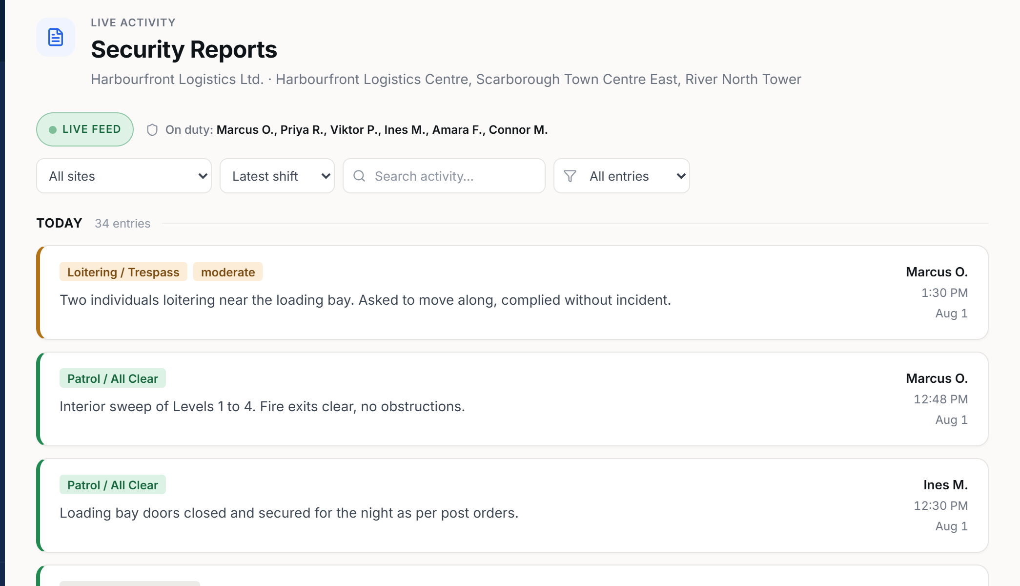 Client portal live activity feed with dated patrol and incident entries, officers named by first name and initial