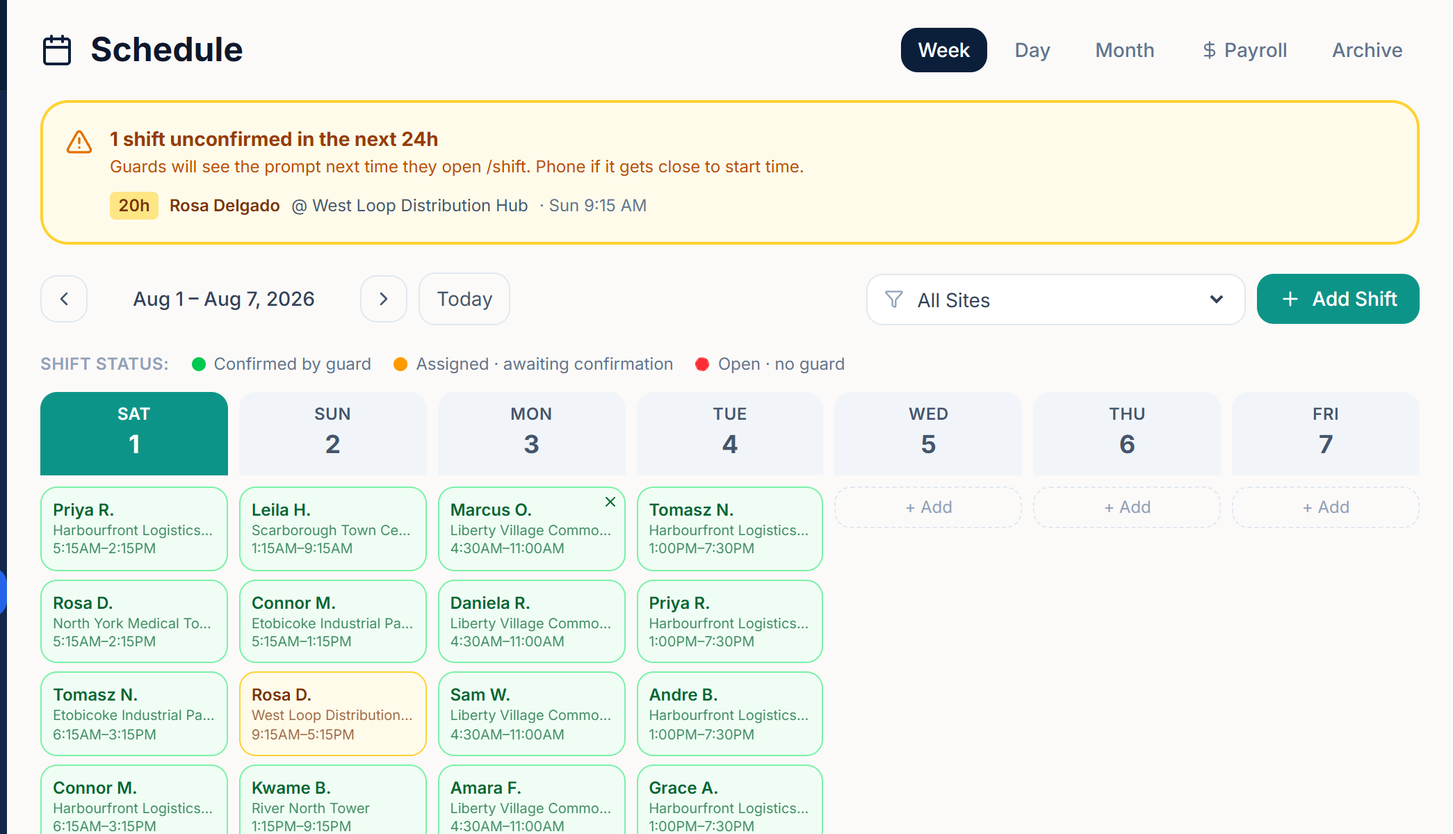 Schedule showing shifts across multiple sites with confirmation status